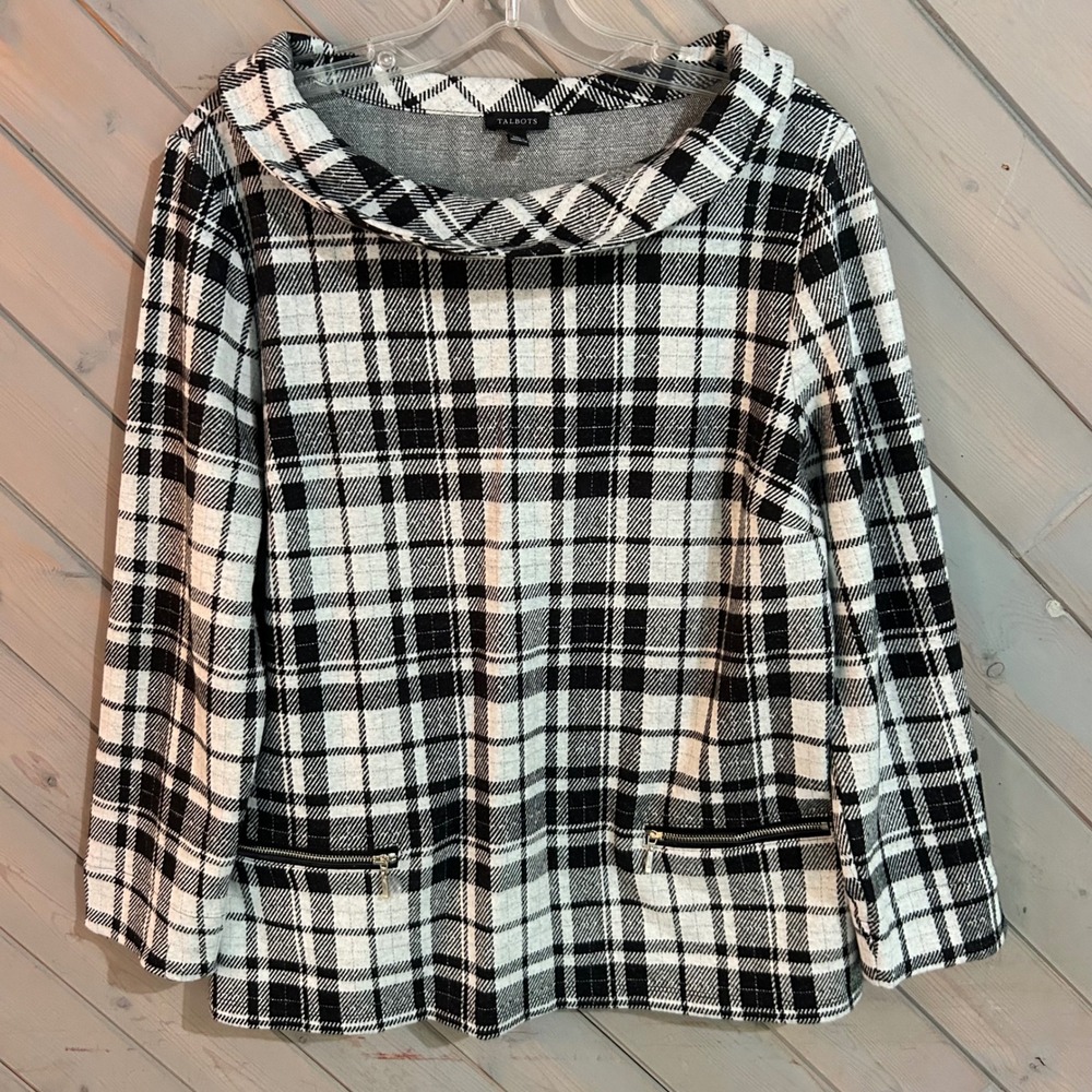 Talbots Black and White Plaid Cowl Neck‎ Tunic Top with Zipper Pockets - Medium